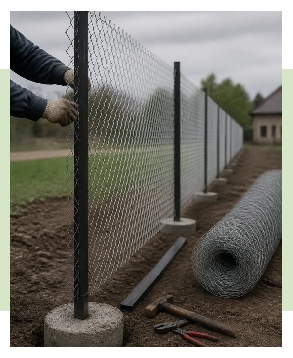 Монтаж забора из рабицы под ключ на участке в Новодвинске